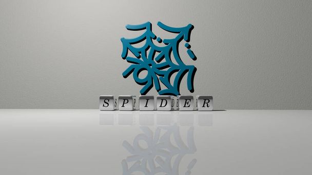 spintekst van kubieke dobbelstenen letters op de vloer en 3D icoon op de muur, 3D illustratie voor achtergrond en web - Foto, afbeelding