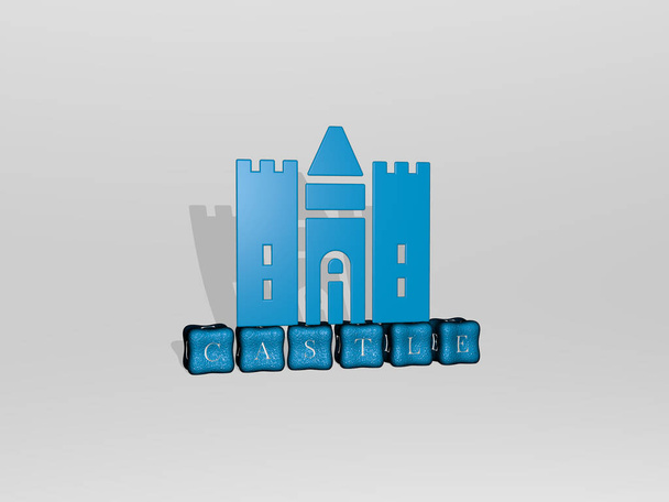 CASTLE 3D-Symbol auf kubischem Text, 3D-Illustration für Architektur und Gebäude - Foto, Bild