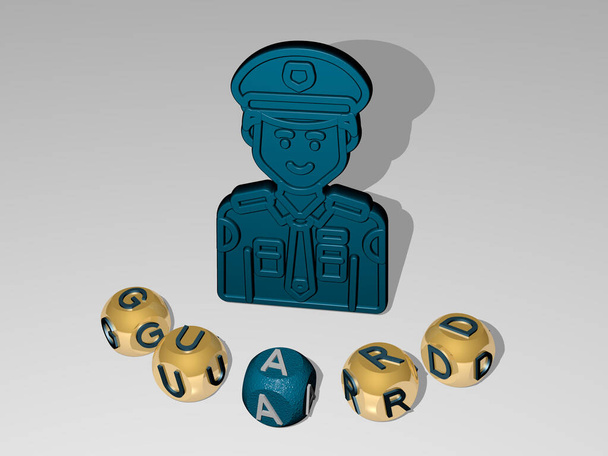 GUARD Rundtext der kubischen Buchstaben um das 3D-Symbol, 3D-Illustration für Hintergrund und Sicherheit - Foto, Bild