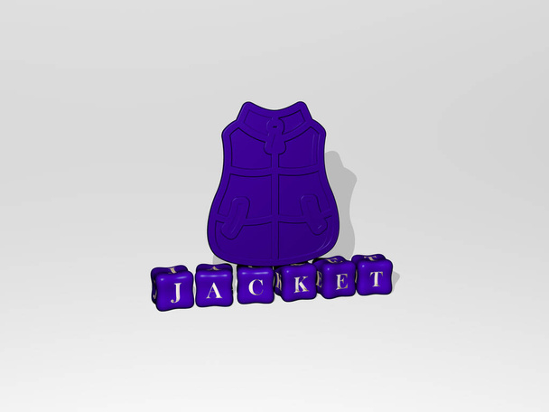 giacca 3D oggetto icona su testo di lettere cubiche, illustrazione 3D per sfondo e ragazza - Foto, immagini