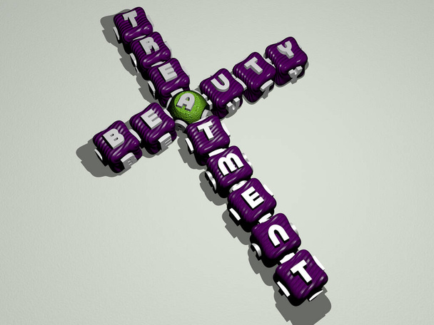 BEAUTY TREATMENT Kreuzworträtsel aus bunten kubischen Buchstaben, 3D-Illustration für schön und Hintergrund - Foto, Bild