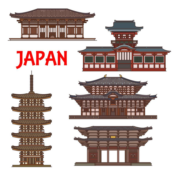 Japanese temples and shrines pagodas, Japan Nara Buddhism architecture vector landmarks. Todaiji and Kofukuji Shinto pagoda tower, Kasuga Grand Shrine or Kasuga-taisha and Nandaimon Gates - Vektor, obrázek