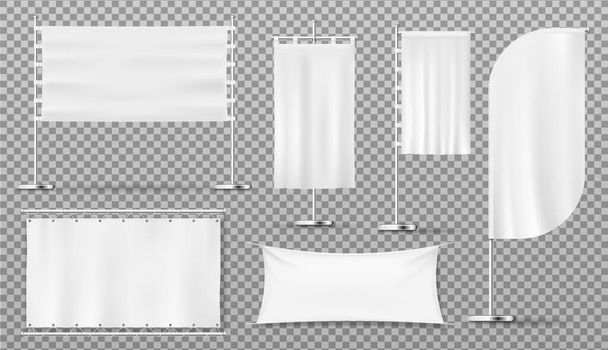 Advertising banners and flags, blank isolated white templates, vector realistic mockups. Outdoor advertising pole signs, feather and teardrop flag banners, billboards and commercial fabric flags - Vector, Image