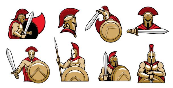 Sparťanští válečníci, rytíři s přilbou a štítem, středověký gladiátor v brnění s mečem, vektorové heraldické ikony. Sparťanský rytíř nebo gladiátor a královský bojovník v paladinské a červené chocholaté helmě - Vektor, obrázek