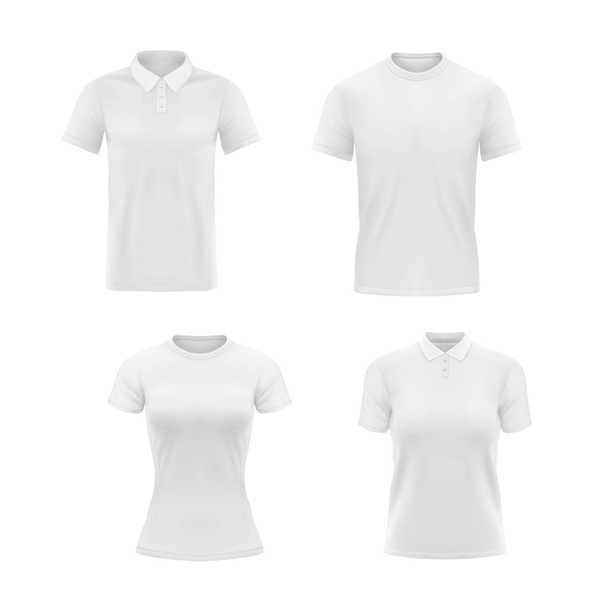 Білі футболки, футболки поло для чоловіків або жінок векторний макет. Футболки з короткими рукавами круглої шиї та коміром шаблон вигляд спереду. Порожній дизайн одягу, спортивний одяг, повсякденний одяг реалістичний 3d макет
 - Вектор, зображення