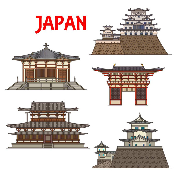Japońskie świątynie, świątynie i pagody Japonii w Osace, Idze i Himeji, zabytki architektury wektorowej. Shitenno-ji Buddyjski rozciągacz, Biały Czapla lub zamek Himeji i Iga Ueno lub Hakuho zamek - Wektor, obraz
