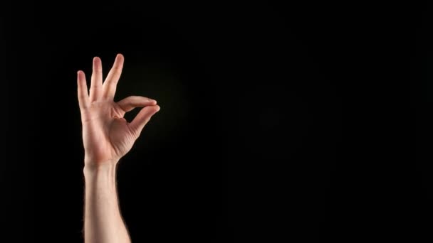 Ręka pokazuje literę F na ciemnym tle. Alfabet języka migowego - Materiał filmowy, wideo