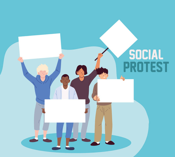 uomini con cartelli e megafono in una protesta sociale - Vettoriali, immagini
