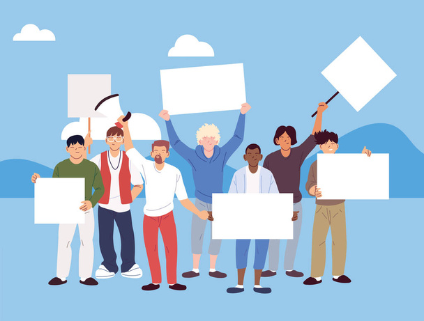 men with holding placards and megaphone at a social protest - Vector, Image