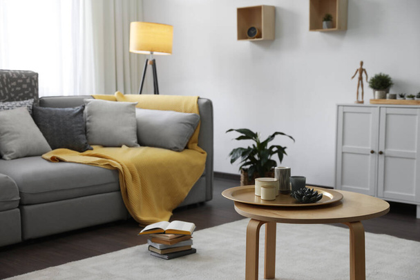 Elegant living room with comfortable sofa near window. Interior design - Foto, Bild