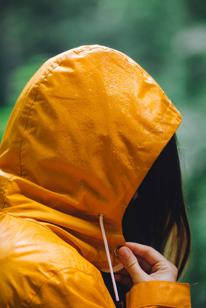 mujer en impermeable amarillo caminando por el bosque lluvioso. Vista trasera. espacio de copia. gente pequeña en el mundo grande - Foto, imagen