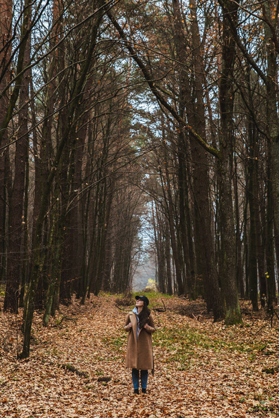 young pretty woman in autumn outfit walking by forest - Photo, Image
