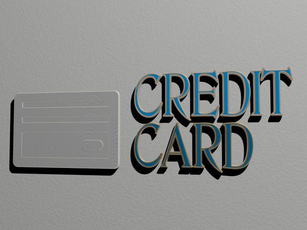 CREDIT Kart simgesi ve duvardaki metin, iş ve banka için 3D illüstrasyon - Fotoğraf, Görsel