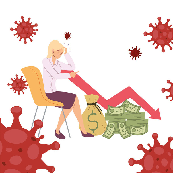 mujer de negocios con dolor de cabeza en la silla flecha disminución y diseño de vectores de dinero - Vector, Imagen