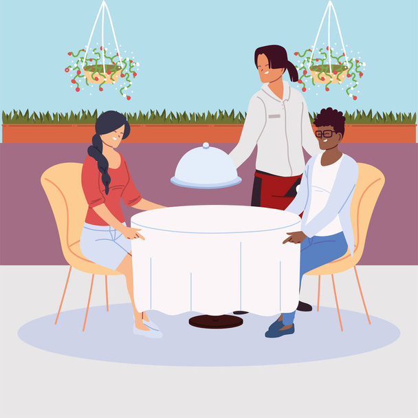 ζευγάρι κάθεται στο τραπέζι του εστιατορίου, σερβιτόρα σερβίρει - Διάνυσμα, εικόνα