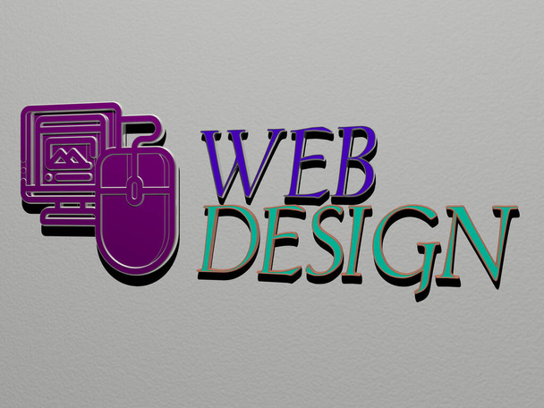 Illustration 3D de graphismes de conception Web et de texte réalisés par des dés métalliques lettres pour les significations connexes du concept et des présentations pour l'icône et le fond - Photo, image