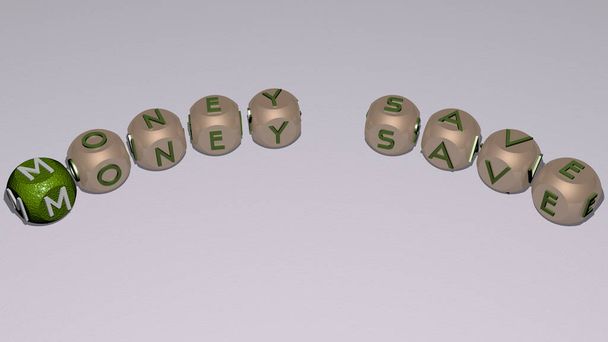 pénz menteni szöveg kocka betűk görbe, 3D illusztráció üzleti és koncepció - Fotó, kép