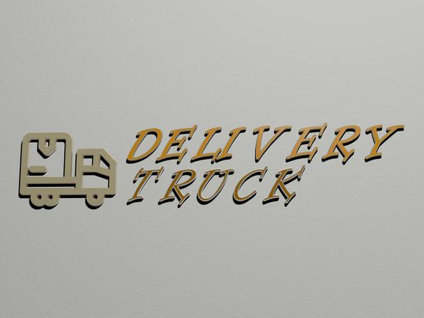 szállítási teherautó ikon és szöveg a falon, 3D illusztráció üzleti és doboz - Fotó, kép