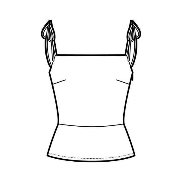 Ilustración de moda técnica superior con ajuste cercano, correas de hombro con cierre de corbata, espalda con camisa. Camiseta de outwear plana - Vector, imagen