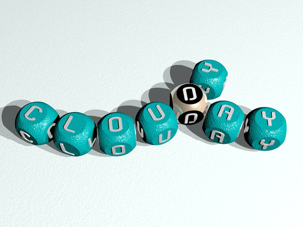 CLOUDY DAY curved crossword of cubic dice letters, 3D illustration for sky and blue - Photo, Image