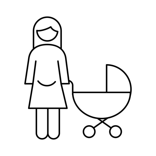 Familie Mutter Schwangerschaft Figur mit Babywagen Linie Stil-Ikone - Vektor, Bild