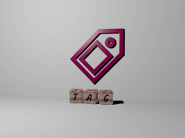 TAG 3D icoon op de muur en kubieke letters op de vloer, 3D illustratie voor teken en banner - Foto, afbeelding