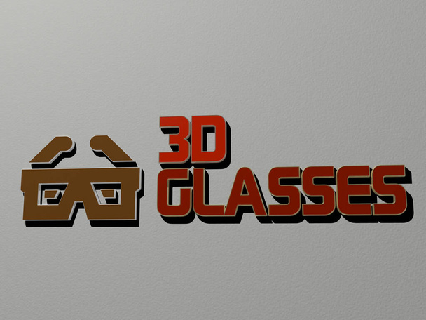 壁に3Dメガネのアイコンやテキスト、背景やレンダリングのための3Dイラスト - 写真・画像