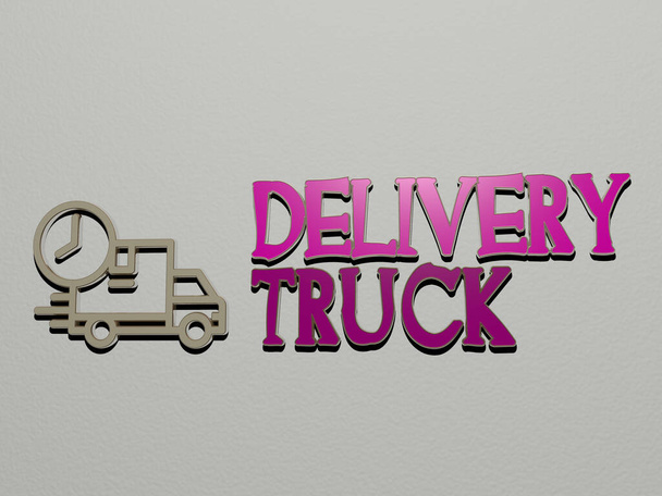 icône de camion de livraison et texte sur le mur, illustration 3D pour les entreprises et la boîte - Photo, image