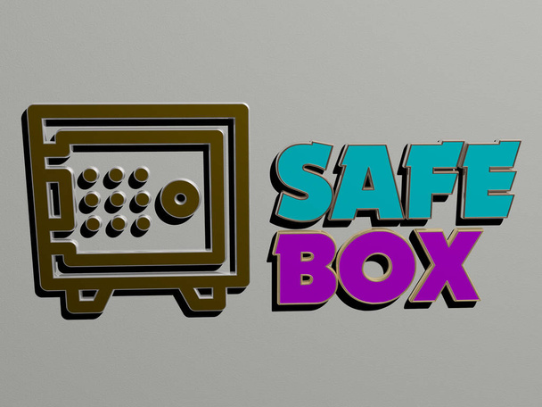 SAFE BOX 'un 3 boyutlu tasviri, duvarda simge ve ayna zemininde metalik kübik harfler ile illüstrasyon ve arkaplan için anlam ve slayt gösterisi sunumu için düzenlenmiş metin. - Fotoğraf, Görsel