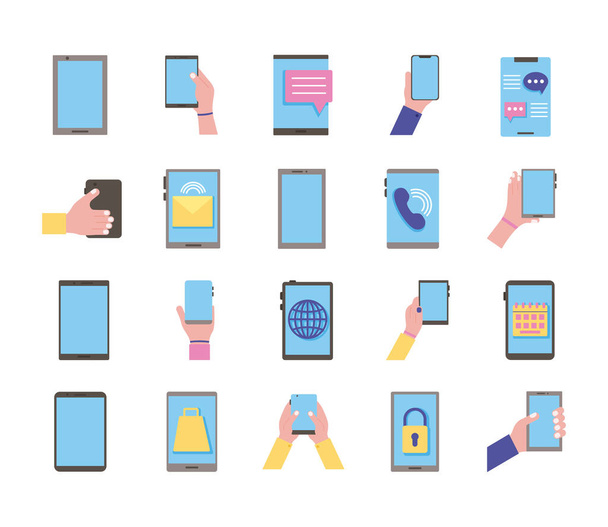 bundle of twenty smartphones devices set collection icons - Vector, Image