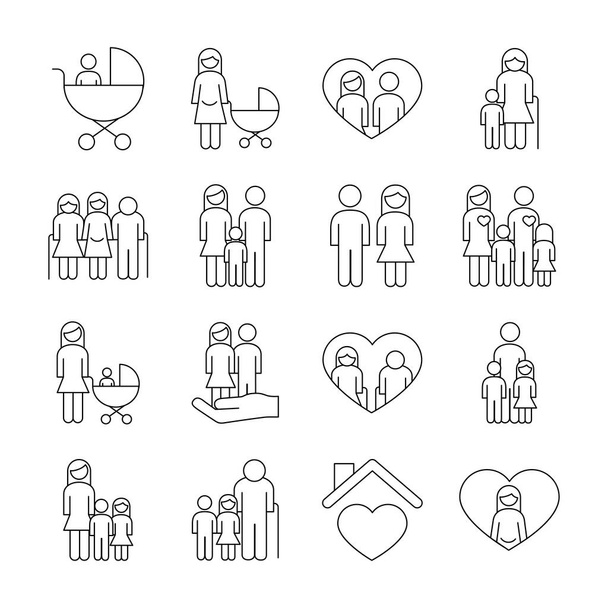 bundel van zestien familie ouders set pictogrammen - Vector, afbeelding