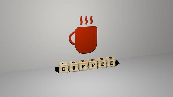 Icône COFFEE 3D sur le mur et lettres cubiques sur le sol, illustration 3D pour fond et tasse - Photo, image