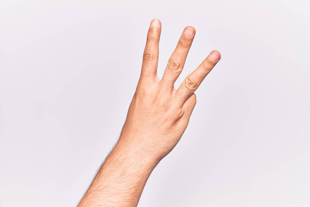 Großaufnahme der Hand eines jungen kaukasischen Mannes über isoliertem Hintergrund, der Nummer 3 zählt und drei Finger zeigt  - Foto, Bild