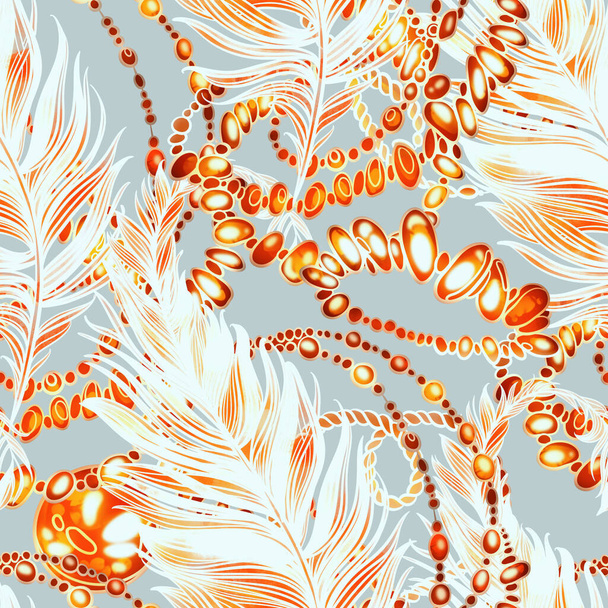 Boho magic: jewelry and feathers seamless pattern. Digital lines hand drawn picture with watercolour texture, spots and splashes. Mixed media artwork. Endless motif for textile decor and botanical design - Photo, Image