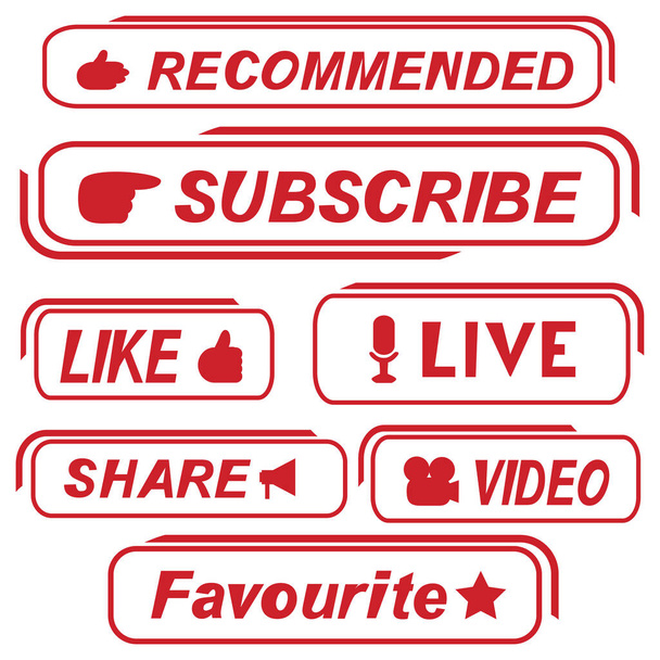 Σύνολο κουμπιών για τα μέσα κοινωνικής δικτύωσης - Εγγραφείτε στο κανάλι βίντεο, blog - μοιραστείτε, όπως, live, βίντεο, αγαπημένο, συνιστάται - Διάνυσμα, εικόνα