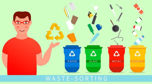 A man informs about garbage sorting. Garbage cans vector flat illustrations. Waste sorting. - Vector, Image