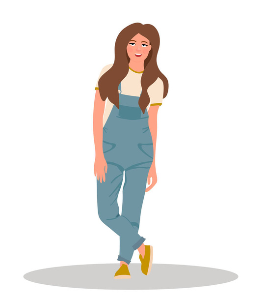 Beautiful girl in jeans overall. Pretty girl in denim overalls. Vector Illustration - Vector, Image