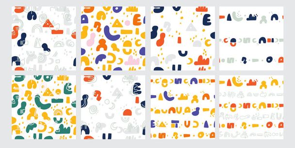 Set of eight abstract backgrounds. Hand drawn various shapes and doodle objects. Contemporary modern trendy vector illustrations. - Vector, Image