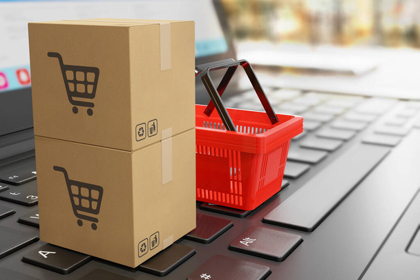 Cardboard shipping boxes and shopping basket on laptop keyboard as a symbol of online shopping and shipping goods - 3D illustration - Zdjęcie, obraz