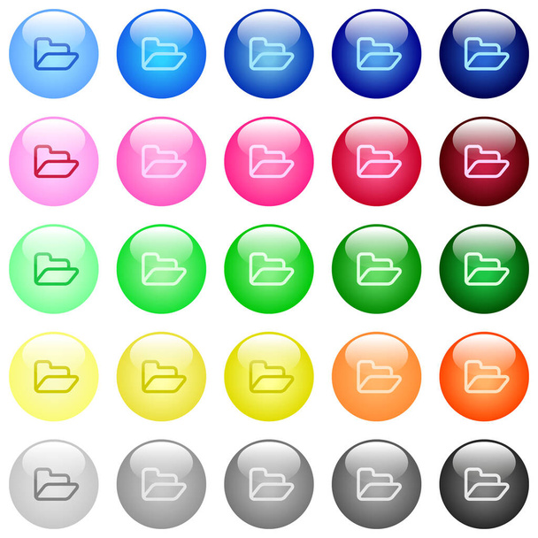 Ícones de pasta aberta no jogo de 25 botões esféricos brilhantes a cores - Vetor, Imagem
