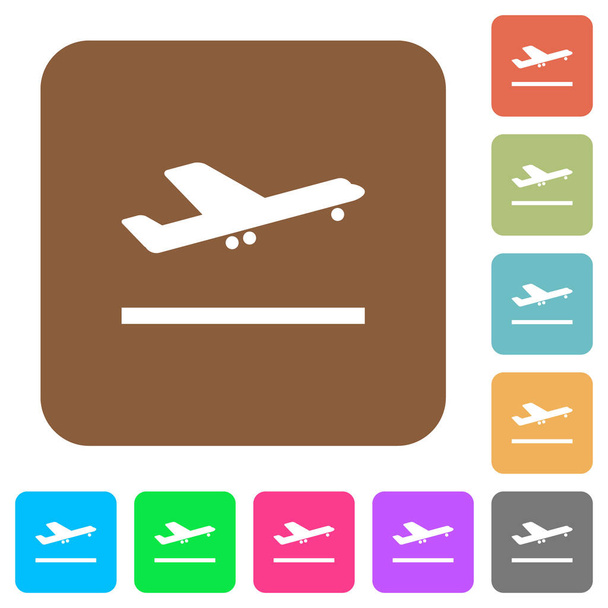 Avião decolar ícones planos em fundos de cores vívidas quadrados arredondados. - Vetor, Imagem
