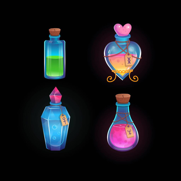 Magic potions in different bottles. Love potion, green, blue and pink potions. Cartoon vector illustration. Icon for games and mobile application. - Vector, afbeelding