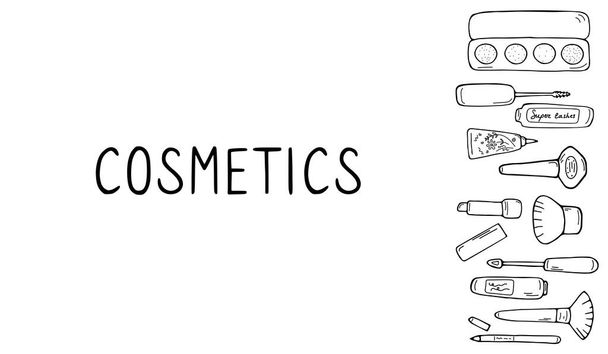 Set of makeup icons. Cosmetic products and accessories sketch. Fashion makeup banner. Simple cute beauty elements. Hand drawn doodle vector illustration - Wektor, obraz