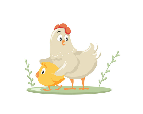 Курица защищает мультяшную цыпочку. Заботливый красный расчесанный курица птица забирает свой желтый цыпленок от опасности. - Вектор,изображение
