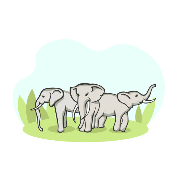 Stádo slonů na louce. Skupina volně žijících zvířat stojí na zelené pastvině. - Vektor, obrázek