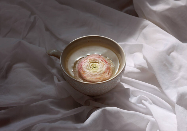 Closeup of white cup with rose flower - Photo, Image