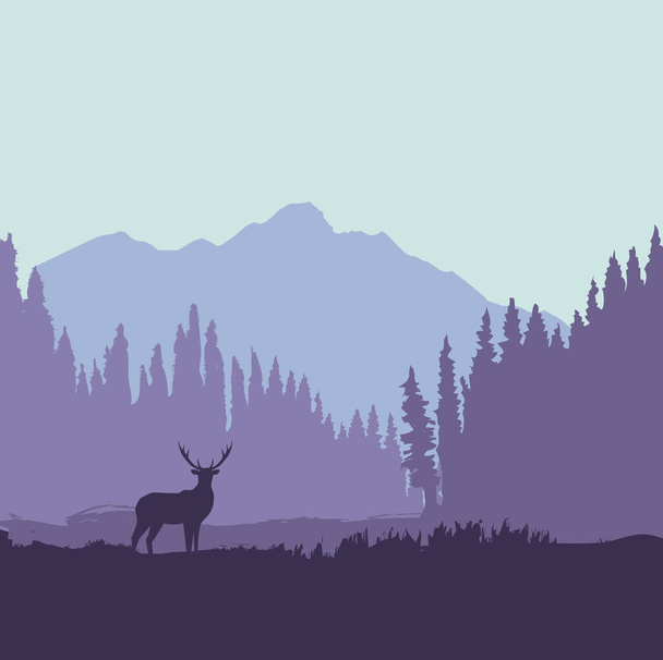 Силуэт оленя в лесу возле гор. Природный пейзаж в фиолетовых тонах. Животное в дикой природе. - Векторная иллюстрация - Вектор,изображение