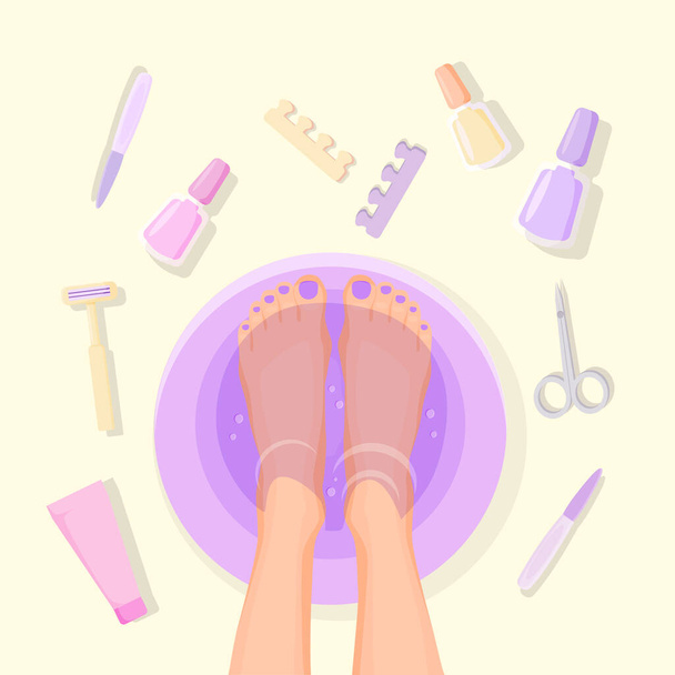 Иллюстрация педикюра ног. Женские ступни в тазу и набор предметов для спа-процедур. - Вектор,изображение