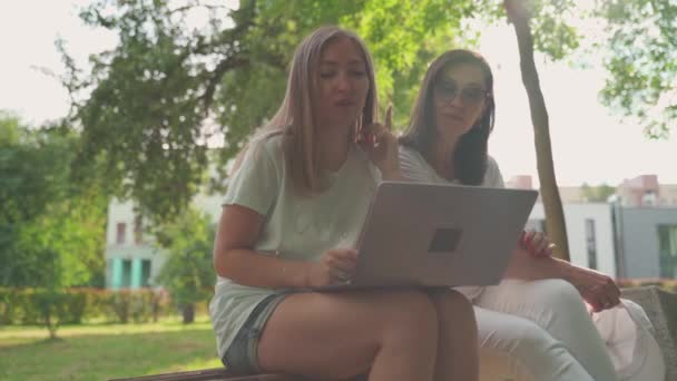 Genç bir kadın, emekli annesine laptopuyla parkta otururken yardım ediyor. Yaş Kapsayıcılığı kavramı - Video, Çekim
