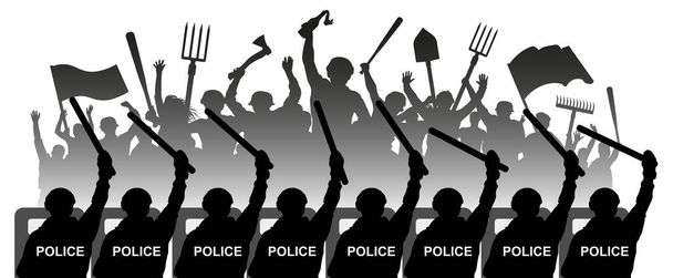 Натовп злих людей. Протестанти вступають у сутичку з поліцією. Революція - Вектор, зображення